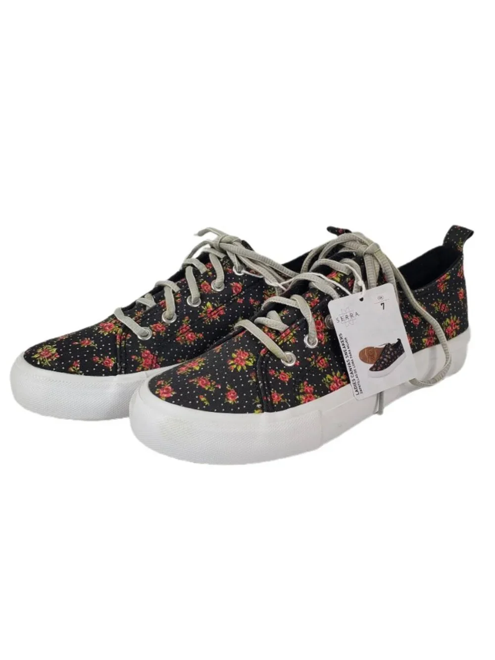 Serra Ladies Black Canvas Sneakers w/ Pink Floral Pattern Polka Dots Size 7 NWT
